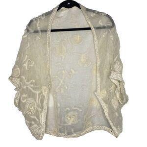 2 CHIC Cardigan Sheer Gauzy Lace Crochet 3D Flowers Raw Hem Cover Up Boho Womens